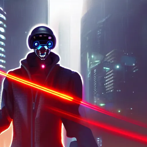 Image similar to cyberpunk man that is half a robot in half a human flesh his left eye is a red glowy eyes it's made of metal the man is holding a laser gun standing on a mountain the background is is a cyberpunk city the weather is raining