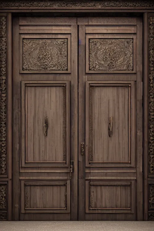 Image similar to a huge wooden door made by two slabs with live edge with rush plant ornaments in bright metalllic element, ornate, fantasy, photorealistic, octane render, volumetric light, high definition, ultra detailed, artstation, deviantart, cgsociety