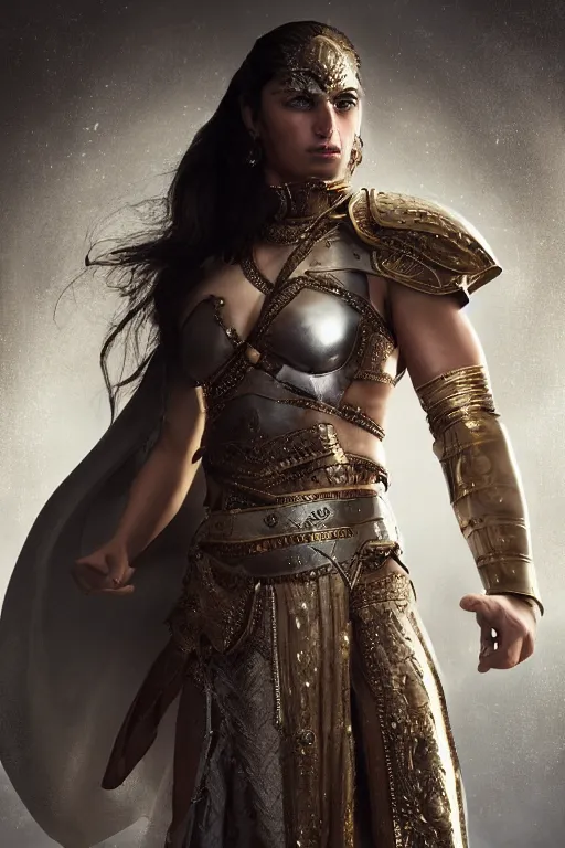 Prompt: portrait of super strong iranian woman wearing a toga. smooth simple silver and bronze armour, deep focus d & d fantasy, elegant porcelain skin highlights, freckles, by darrell k. sweet and edd cartier, greg rutkowski, bollywood action movie poster. title : fitewife. sharp focus on face.