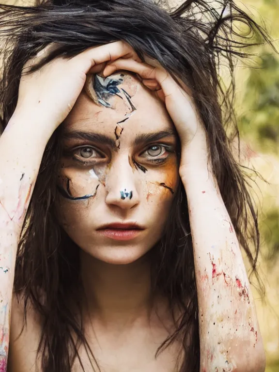 Prompt: hyperdetailed photo of a beautiful italian girl, brown eyes, dark hair, painting on face, skin, winds of winter, with plain ripped crop t - shirt, fine - face, pretty face