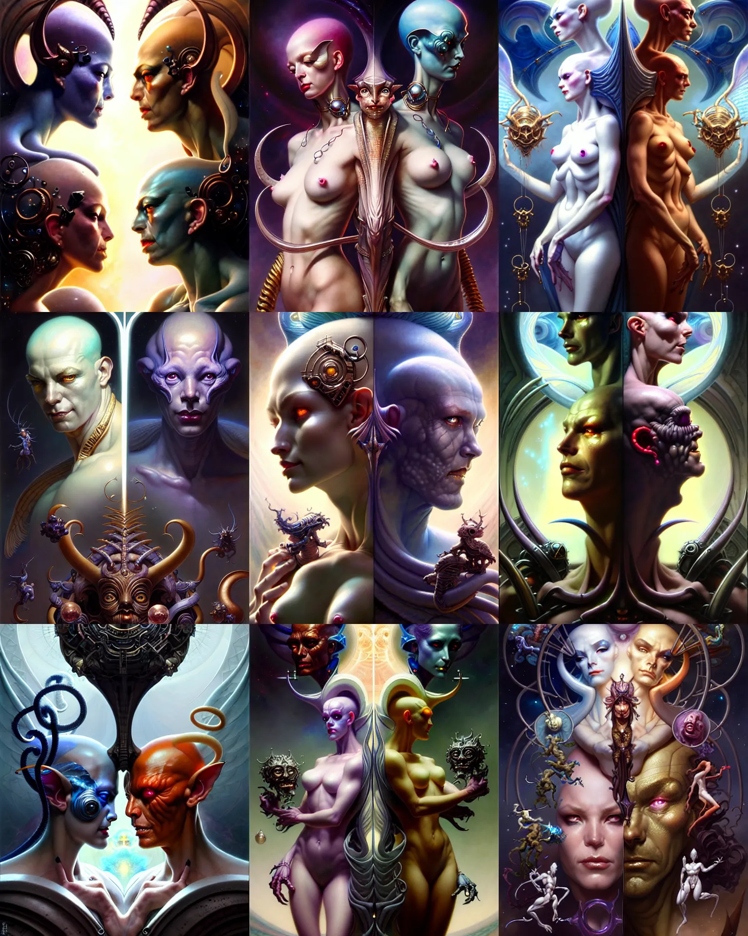 Image similar to beautiful gemini good and evil, happy and sad faces, fantasy character portrait, ultra realistic, wide angle, intricate details, the fifth element artifacts, highly detailed by peter mohrbacher, boris vallejo, hajime sorayama, wayne barlowe, aaron horkey, gaston bussiere, craig mullins