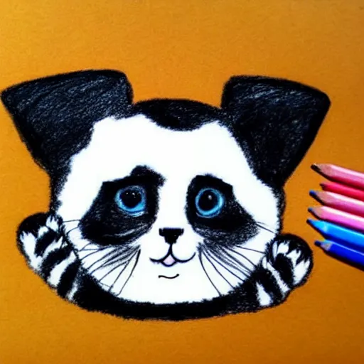 Prompt: child crayon drawning of a cute kitten with panda body and cat face