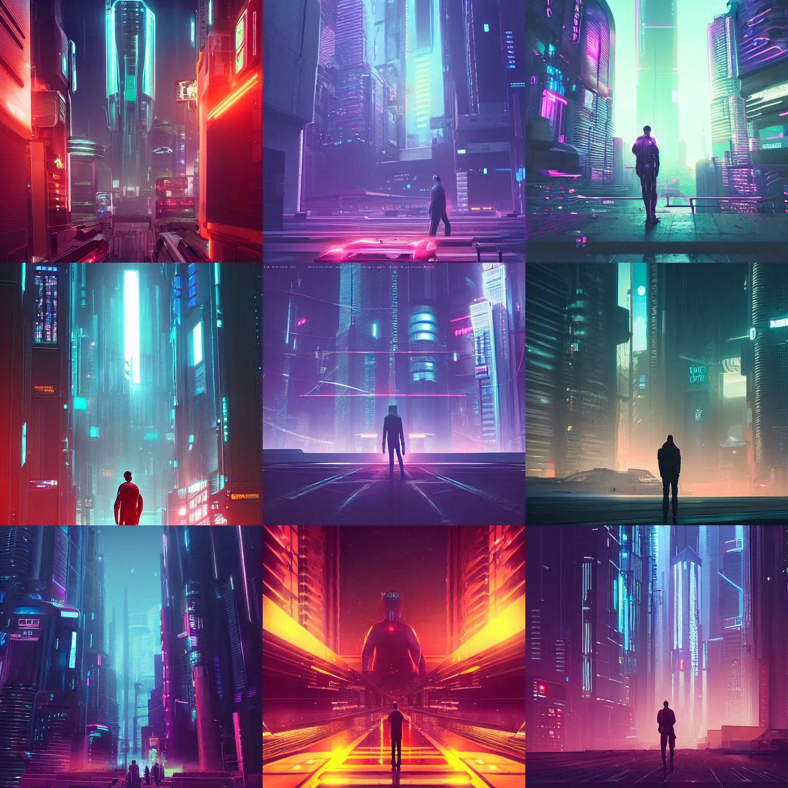 Prompt: a man in a futuristic city at night, cyberpunk art by mike beeple winkelmann, cgsociety, retrofuturism, synthwave, darksynth, futuristic