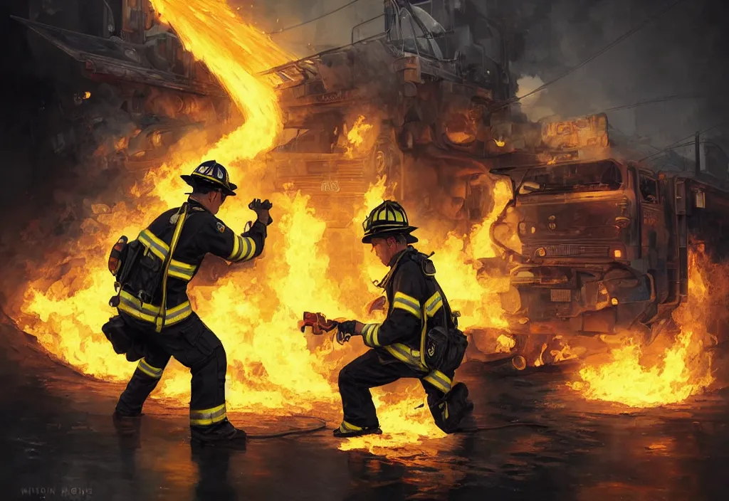Image similar to heroic firefighter in action in black and yellow uniform, fire flames, sharp details, sharp focus, elegant, highly detailed, illustration, by jordan grimmer and greg rutkowski and 薯 子 imoko and wlop and maya takamura, intricate, art gta 5 cover