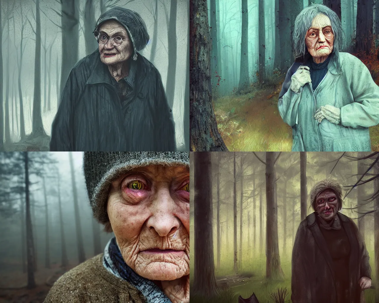 Prompt: a digital painting of close up portrait of an old woman with sinister face and dirty clothes standing outside of an old cabin, forest in the background, bokeh, depth of field, dramatic lighting, cinematic, vivid colors, matte painting, Simon Stålenhag color scheme