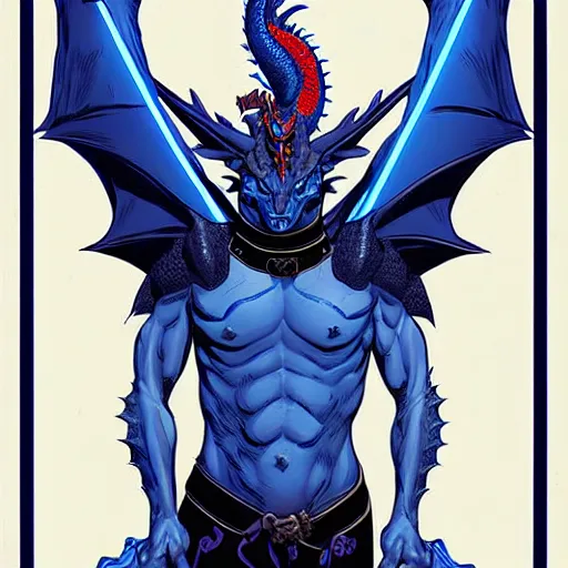 Image similar to head and shoulders portrait of a medieval fantasy anthropomorphic blue dragon - headed - human hybrid with electrcity magic, fantasy, d & d, high details, comic book cover art photo by phil noto and frank miller