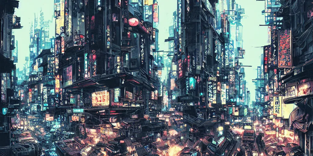 Image similar to cinematic high contrast graphic illustration of a hyper detailed street in neo tokyo by greg rutkowski