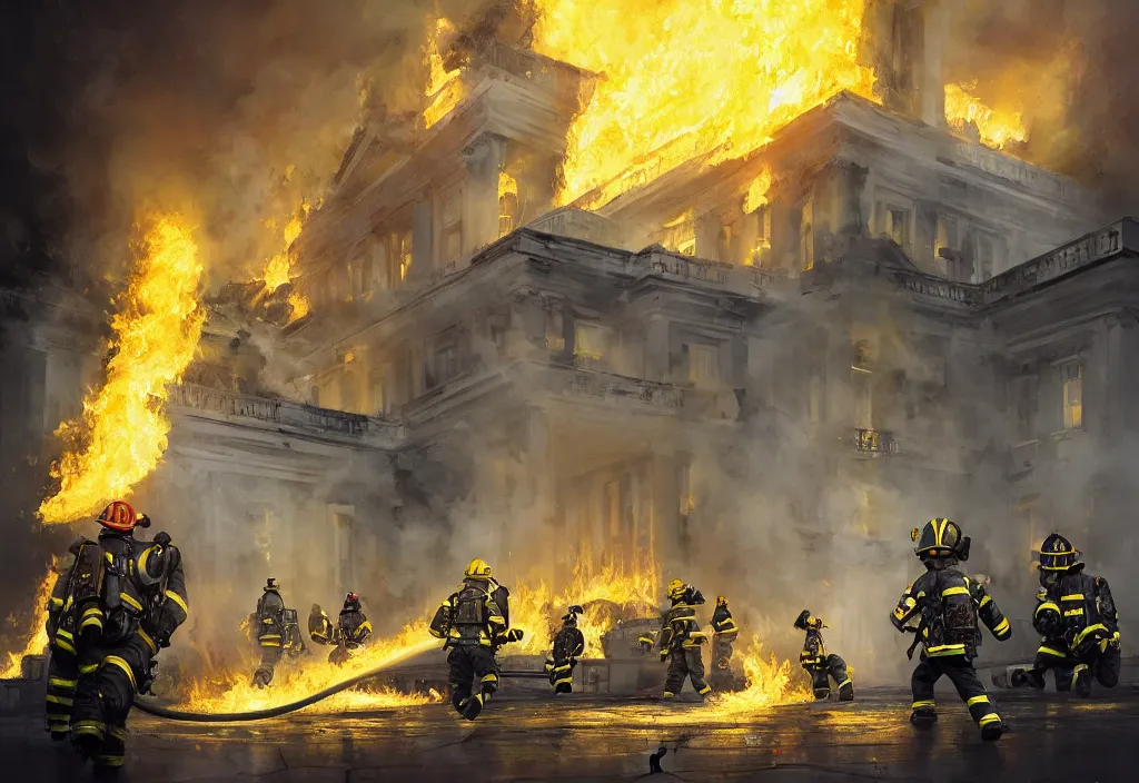 Image similar to one heroic firefighters with black and yellow uniforms in action inside white house, interior background, fire flames, sharp details, sharp focus, photorealistic, octane, hyper detailed, trending on deviantart, illustration, by jordan grimmer and greg rutkowski and pine ( ハイネ ), intricate