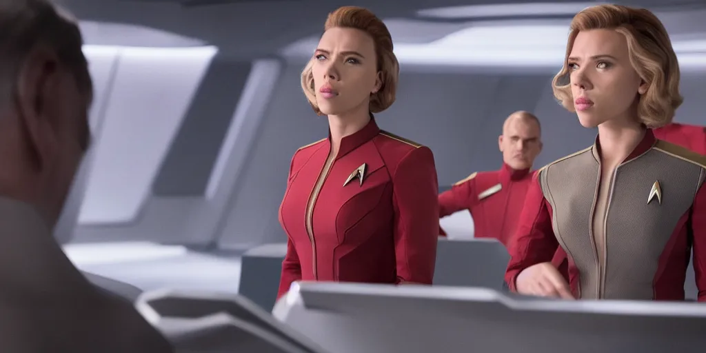 Image similar to incredible wide screenshot, Scarlett Johansson is captain of the Enterprise in the new Star Trek movie