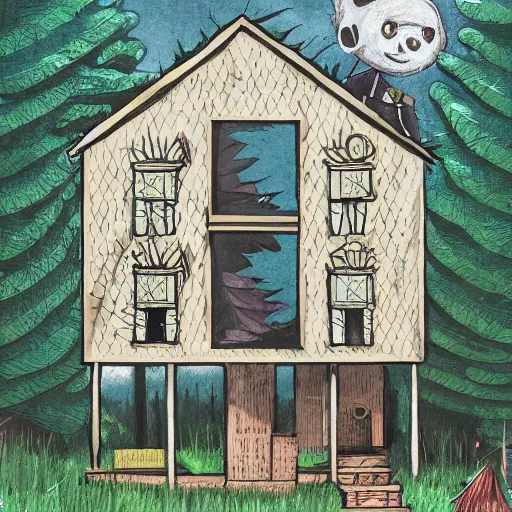 Image similar to a house with a facade full of holes, lush canadian forest in the background, childrens book art, trending on artstation, illustration