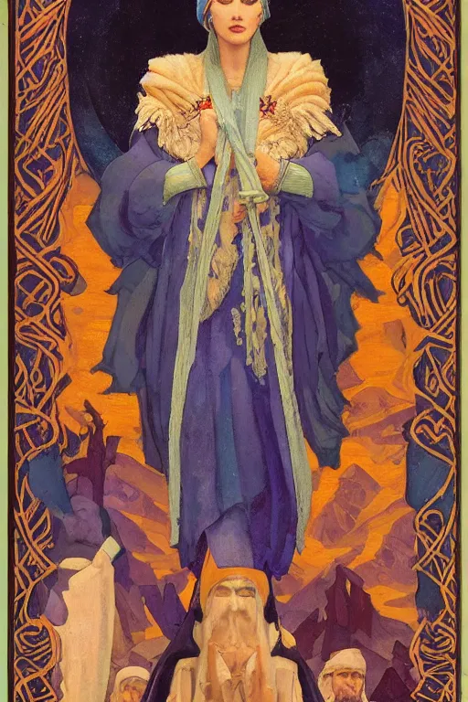 Image similar to queen of the north, by Nicholas Roerich and Annie Swynnerton and Diego Rivera and John William Godward, dramatic cinematic lighting , ornate headdress , flowing robes, sacred artifacts, lost civilizations, smooth, sharp focus, extremely detailed