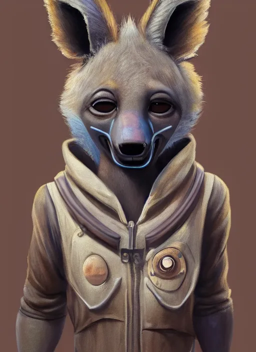 Image similar to oil painting detailed full body of anthromorphic female hyena, in style of zootopia, zootopia, zootopia, fursona, furry, furaffinity, 4 k, deviantart, furry art, fursona art, wearing astronaut outfit, in style of zootopia, hyena fursona, cyberpunk, female, detailed feminine face,