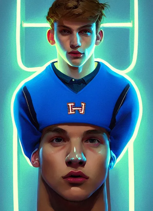 Image similar to portrait of high school senior boy named big moose, blonde short hair, jock, beefy, wide face, square jaw, square facial structure, blue varsity jacket with letter r, intricate, elegant, glowing lights, highly detailed, digital painting, artstation, concept art, sharp focus, illustration, art by wlop, mars ravelo and greg rutkowski