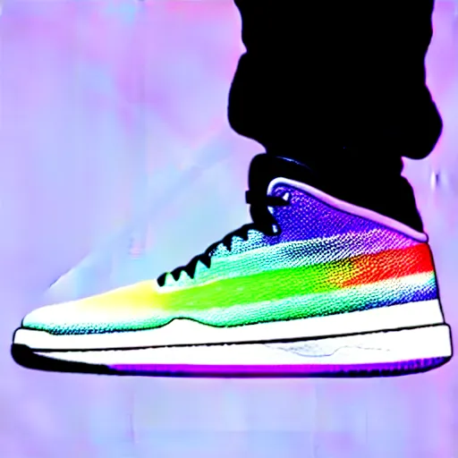 Image similar to photography of a realistic rainbow color air jordan sneaker, ultra detailed, 8 k, product view, white background