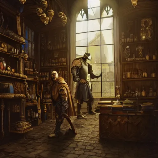 Image similar to full body portrait of Dennis hopper as a devious medieval lord standing on the right inside a big medieval Shop with tall windowpane, shelves full of medieval goods, morning light, trending on artstation, style of peter mohrbacher, unreal engine, octane render, intricate details, 8k high definition, beauriful, ornate, hyperrealistic