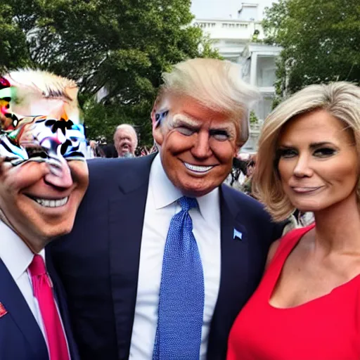 Prompt: donald trump poses with joe biden lookalikes in front of the white house as a protest, sunny day, detailed, detailed faces