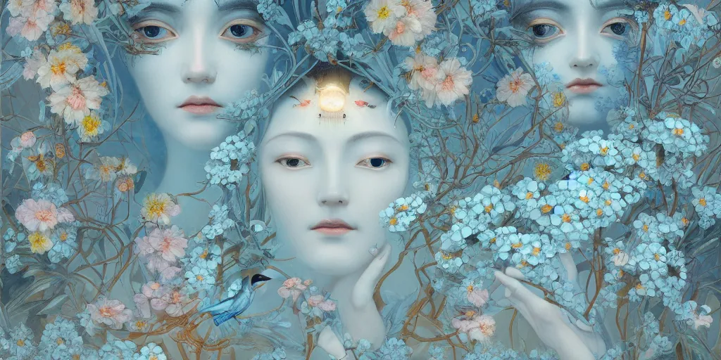 Image similar to breathtaking detailed concept art painting art deco pattern of faces goddesses amalmation light - blue flowers with anxious piercing eyes and blend of flowers and birds, by hsiao - ron cheng and john james audubon, bizarre compositions, exquisite detail, extremely moody lighting, 8 k