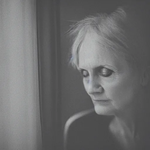 Image similar to black and white fashion photograph highly detailed portrait of a depressed beautiful mature model woman standing by the window, natural light, lomo, fashion photography, film grain, soft vignette, sigma 85mm f/1.4 1/10 sec shutter