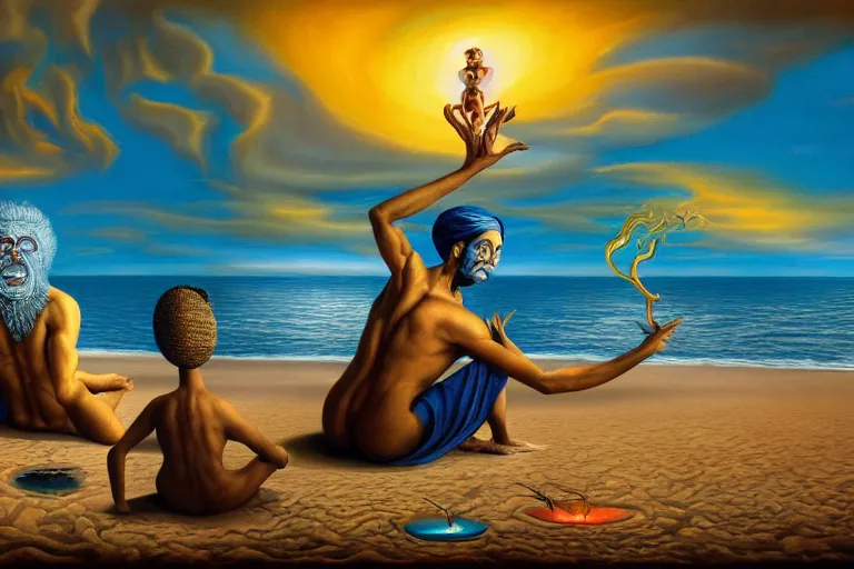 Prompt: A very detailed surreal fantasy painting of God chilling on the beach devouring souls by Manjit Bawa and Salvador Dali, trending on artstation, 4k, widescreen.