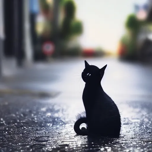 Prompt: Cat sitting on wet street corner with, glowing exclamation mark over its head, glowing exclamation mark over its head, high detail, 4k