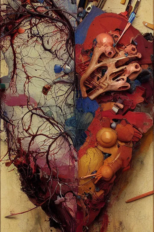 Image similar to accurate anatomical heart imagined as painting palette, wood boart palette, paintbrushes, paint mix, painted by ruan jia, raymond swanland, lawrence alma tadema, zdzislaw beksinski, norman rockwell, jack kirby, tom lovell, alex malveda, greg staples, artgerm, greg rutkowski and alphonse mucha