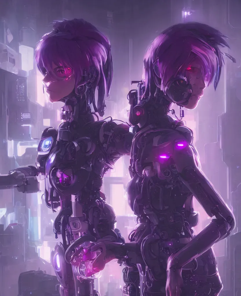 Image similar to A beautiful painting of a cyberpunk anime girl with purple hair and an a huge robot arm sensual stare, Trending on artstation. augmentations and cybernetic enhancements neon circuits, greg rutkowski , hyperrealist, cinema4D, 8k highly detailed ❤️‍🔥 🔥 💀 🤖 🚀