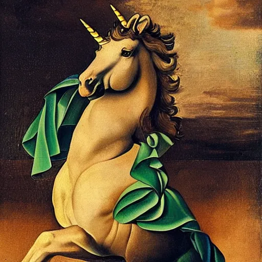 Prompt: a unicorn walking on a rainbow, in the style of caravaggio