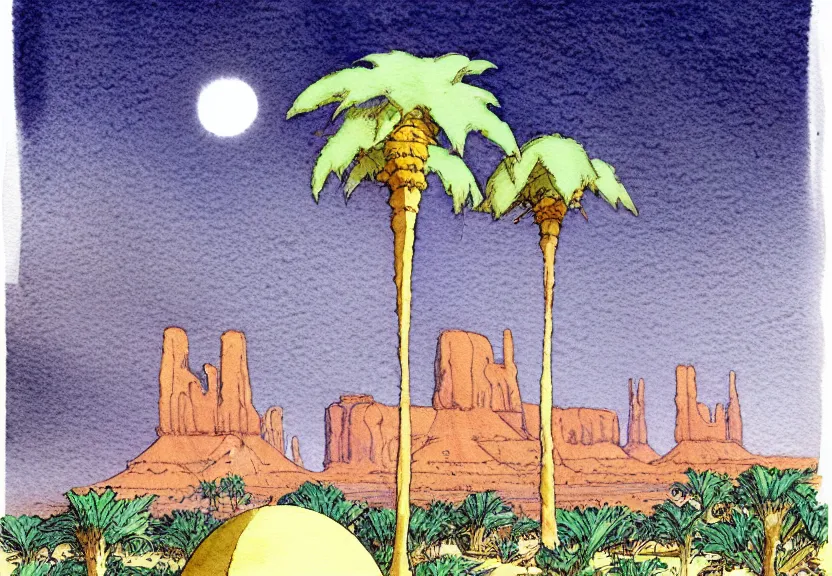 Prompt: a simple watercolor fantasy concept art of a dark grey boxy ufo next to a palm tree at night in monument valley. by studio ghibli, rebecca guay, michael kaluta, charles vess