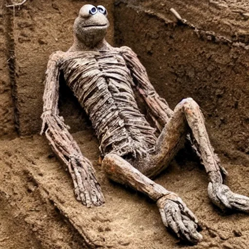 Prompt: bog mummy of kermit the frog, 400 BC, peat bog, archaeological site, hyperreal