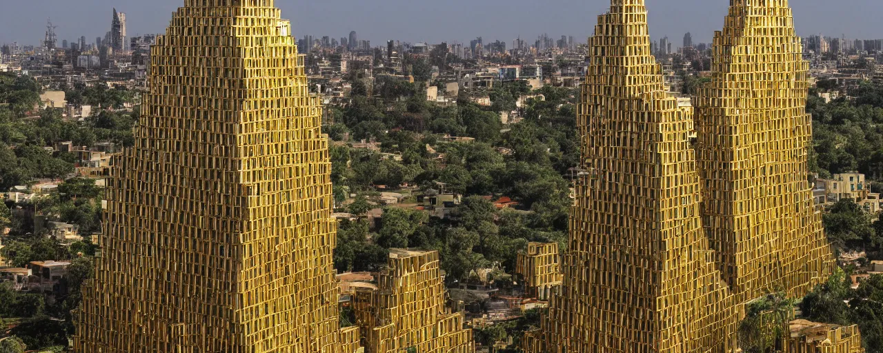 Image similar to babylon tower, stacked volumes, vegetated roofs, golden architecture, golden intricate details, ancient sacred geometry