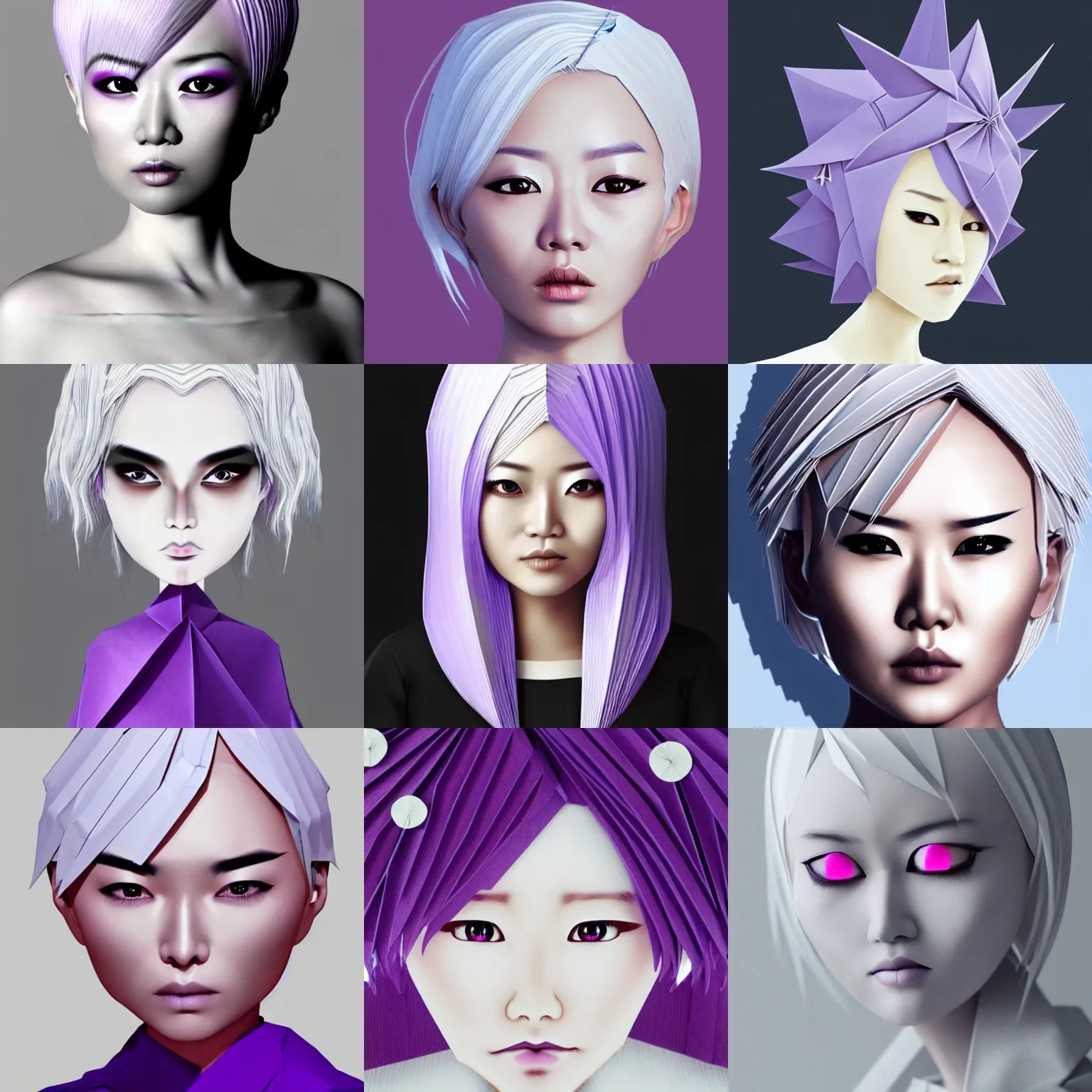 Prompt: asian woman made from origami, white hair, violet eyes, illustration, concept art, art by Akira Yoshizawa