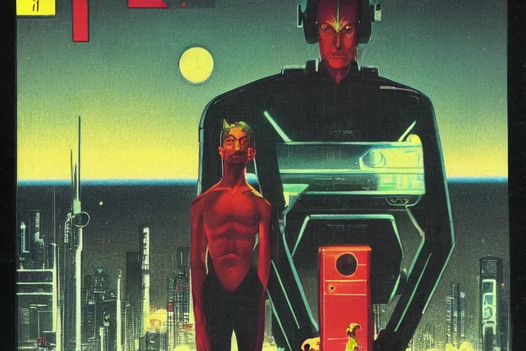 Image similar to 1979 OMNI Magazine Cover of a lizard man at a desk with a large circular window to neo-Tokyo streets behind him. in cyberpunk style by Vincent Di Fate