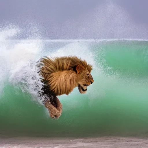 Image similar to a lion's face breaching through a wave, stormy weather