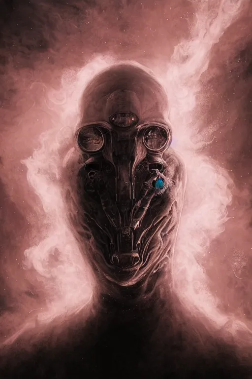 Prompt: close up shot of a full body floating astronaut smoke elemental fading into white smoke, high contrast, james gurney, peter mohrbacher, mike mignola, black paper, mandelbulb fractal, trending on artstation, exquisite detail perfect, large brush strokes, bold blacks and pinks and blues tones, intricate ink illustration, black background