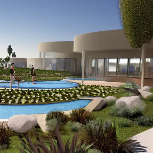 Image similar to architectural rendering of biophilia building in the desert, biomimetry, pool, garden