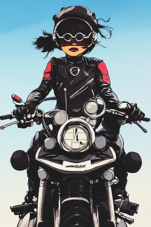 Prompt: black woman with goggles riding motorbike, ilya kuvshinov, jamie hewlett, yoji shinkawa, muted colors, beautiful detailed illustration, 17th century oil painting, flat colors, studio ghibli, cel shading,