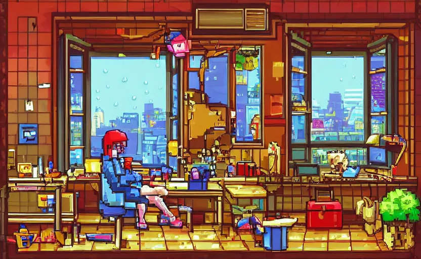 Prompt: Arcade-game Character sitting and relaxing in front of their work desk in their cozy room as a peaceful rainy city scene is seen through the room's window. Smooth Highly detailed masterpiece pixel-art. in the style of Close Highly detailed masterpiece professional artistry Sega, Namco, Neogeo, Capcom artist's Pixel-art. Trending on artstation. Slice-of-life genre art. Balanced colors and lighting scheme by James Gurney and artgerm. In the style of a 'Music to chill/study' to youtube video.