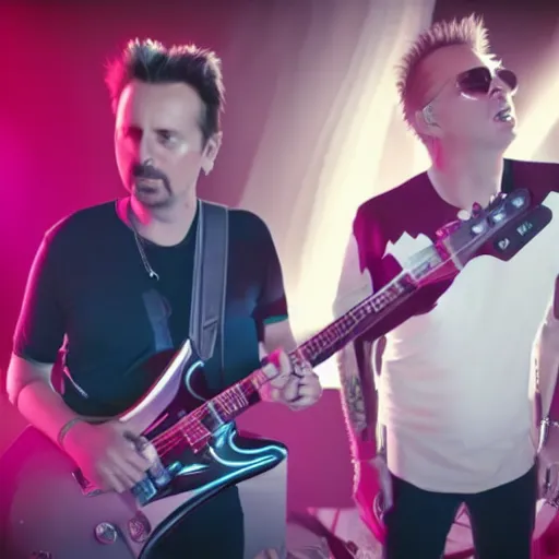 Image similar to matt bellamy and james hetfield playing guitar together, 2 0 2 2 official music video, shot on sony a 7 iii, postprocessing