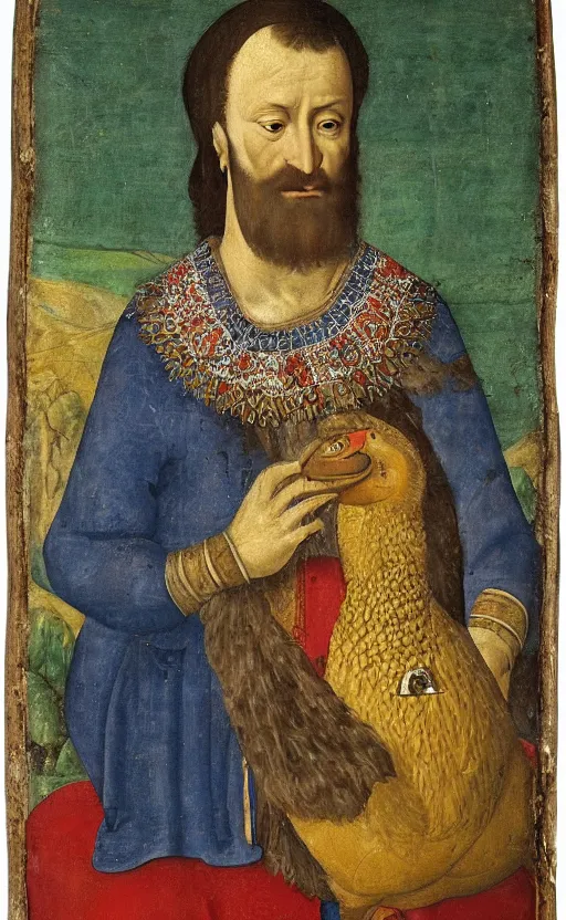 Image similar to portrait of a serbian king holding his pet dodo, painting, 1 5 th century, high quality,