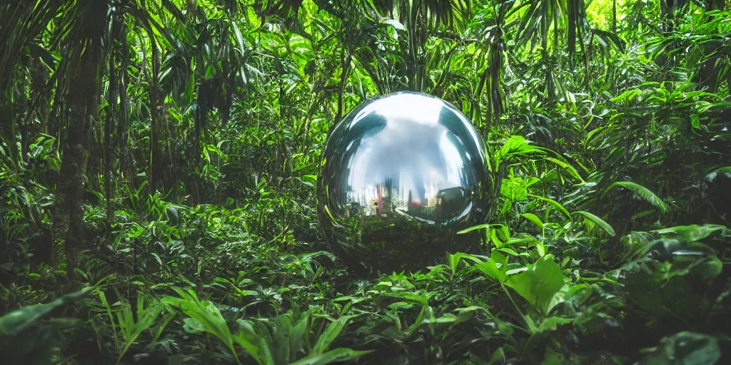 Prompt: photo of a chrome blob deep in tropical jungle, sharp wide shot