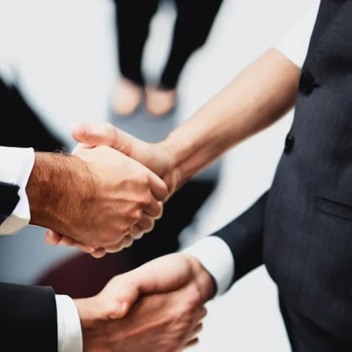 Image similar to photograph of a people in suits shaking hands, white background, close up