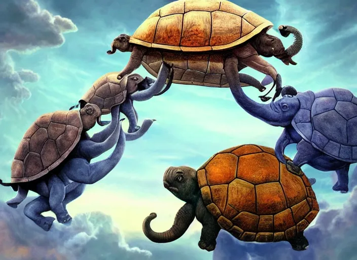 Image similar to discworld, flat earth on top of 4 elephants on top of a giant cosmic turtle flying through space, digital art, artstation, detailed