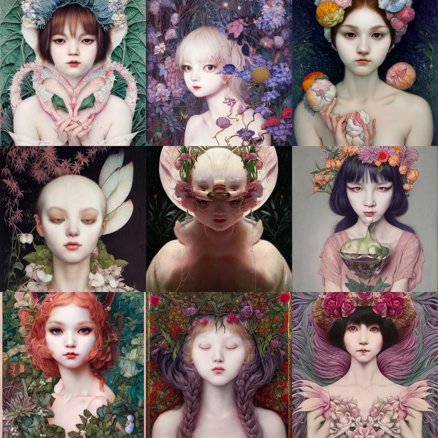 Prompt: white cat girl, botanical, portrait face, colorful, kupka, intricate, miles johnston, kuroda seiki, ozabu, godward, painterly, yoshitaka amano, moebius, miles johnston, louise zhang, james jean, mark ryden lowbrow pop surrealism art style