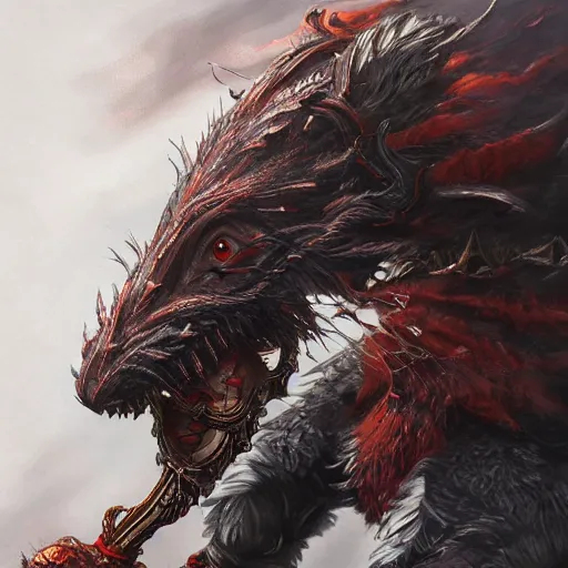 Image similar to anthropomorphized rat musketeer challenging gigantic beast, concept art, insanely detailed and intricate, hypermaximalist, elegant, ornate, hyper realistic, super detailed, tribal red atmosphere, art deco, cinematic, trending on artstation, magic the gathering artwork, cinematic, dramatic artwork