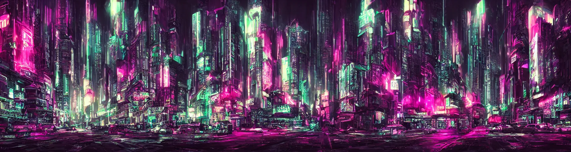 Prompt: gothic cyberpunk cityscape, neon, chrome