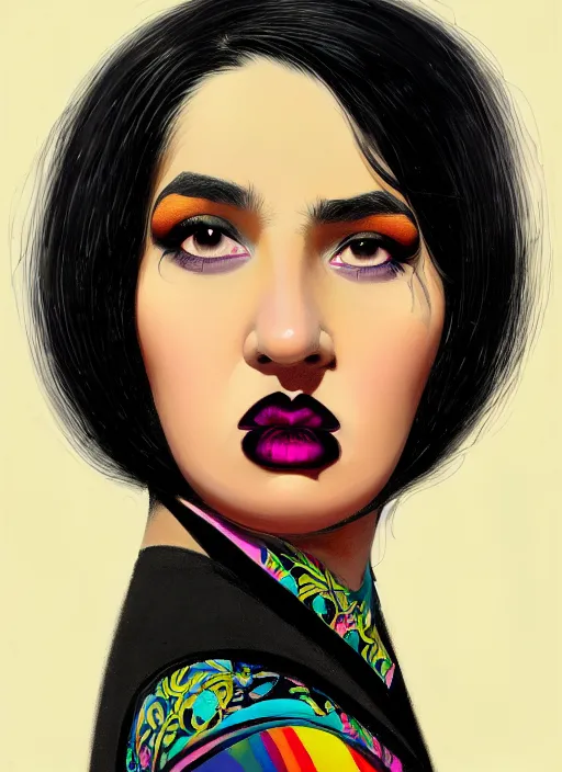 Image similar to portrait of a plump latino woman with a crooked nose and a confident expression, 1 9 6 0 s, black clothes, goth, punk, brightly coloured hair, funk, intricate, elegant, highly detailed, digital painting, artstation, concept art, smooth, sharp focus, illustration, art by wlop, mars ravelo and greg rutkowski