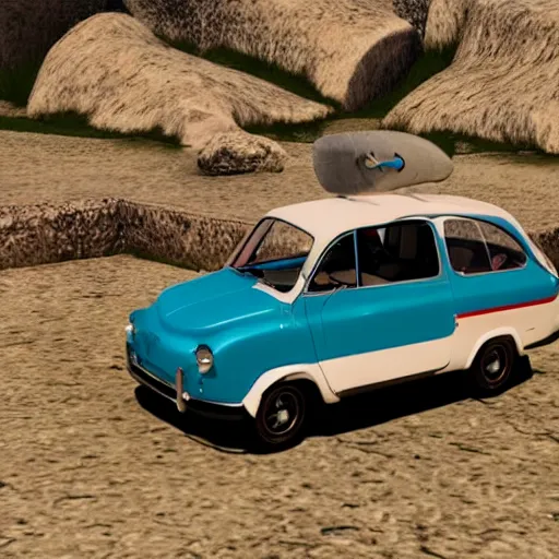 Prompt: Old FIAT 600 Classic Car turned into an airplane flying over Cap de Creus, unreal engine 8k