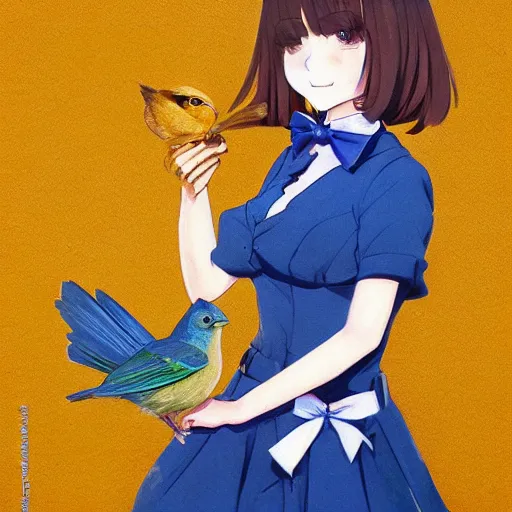 Prompt: colored pencil, anime art, beautiful full body female pinup girl, she is holding an indigo bunting bird, in her hand, the bird is wearing a bowtie, wlop, rossdraws sakimimichan, ilya kuvshinov, krenz cushart