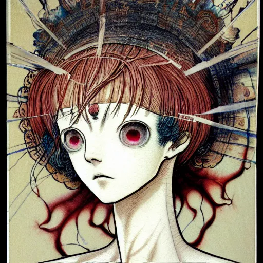 Image similar to prompt: Fragile looking vessel portrait face drawn by Katsuhiro Otomo, inspired by Carlo Dolci, magical and alchemical objects on the side, soft light, white background, intricate detail, intricate ink painting detail, sharp high detail, manga and anime 2000