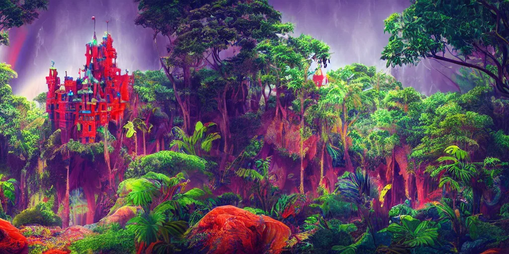 Prompt: of a beautiful red Hyperrealistic Gaudi royal castle in the middle of a colorful smokey surreal tropical jungle, creepy cute rainbow fluffy creatures hide in bushes, macro lens, shallow depth of field, very highly detailed, digital painting, trending artstation, concept art, illustration, cinematic lighting, vibrant colors, photorealism, epic, octane render